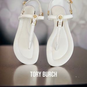 TORY BURCH NEW THONG FLAT SHOES SUMMER SANDAL LEATHER WHITE 8